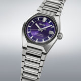 From this angle, the King Seiko VANAC Automatic 41mm Men's Watch HKF001J shows the purple dial's radiating line pattern and the titanium case's faceted surfaces together.