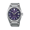 The King Seiko VANAC Automatic 41mm Men's Watch HKF001J features a purple dial with radial and horizontal line patterns, LumiBrite hands and indexes, and a date window. The 41mm bezel-less titanium case is fitted with a box-shaped sapphire crystal.
