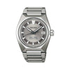 The King Seiko VANAC Automatic 41mm Men's Watch HKF002J features a silver dial with a three-dimensional horizontal pattern, LumiBrite hands and indexes, and a date window. The 41mm bezel-less titanium case is fitted with a box-shaped sapphire crystal.