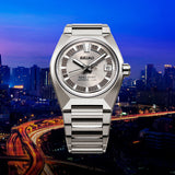 The King Seiko VANAC Automatic 41mm Men's Watch HKF002J reveals the dial's fine horizontal texture and fluted minute ring in close detail, alongside the V-shaped 12 o'clock marker.