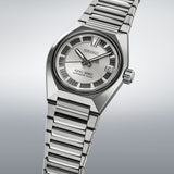 From this angle, the King Seiko VANAC Automatic 41mm Men's Watch HKF002J shows the silver dial's three-dimensional horizontal pattern and the titanium case's faceted surfaces together.