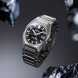 he King Seiko VANAC Automatic 41mm Men's Watch HKF003J sits close to the wrist with the lightweight comfort characteristic of titanium construction, and a sporty, angular presence.