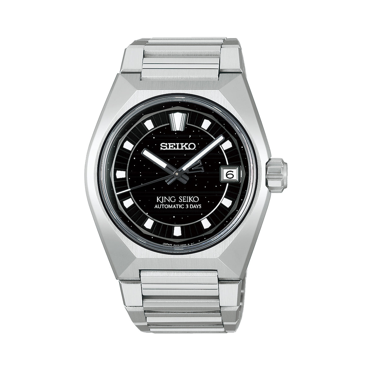 The King Seiko VANAC Automatic Men’s 41mm Watch HKF005J features a black dial with a glitter-like speckled finish, horizontal grooves and a large V-shaped marker at 12 o’clock. The 41mm stainless steel case is fitted with a box-shaped sapphire crystal.