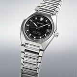 From this angle, the King Seiko VANAC Automatic Men’s 41mm Watch HKF005J shows the black speckled dial and faceted case surfaces together with the integrated steel bracelet.