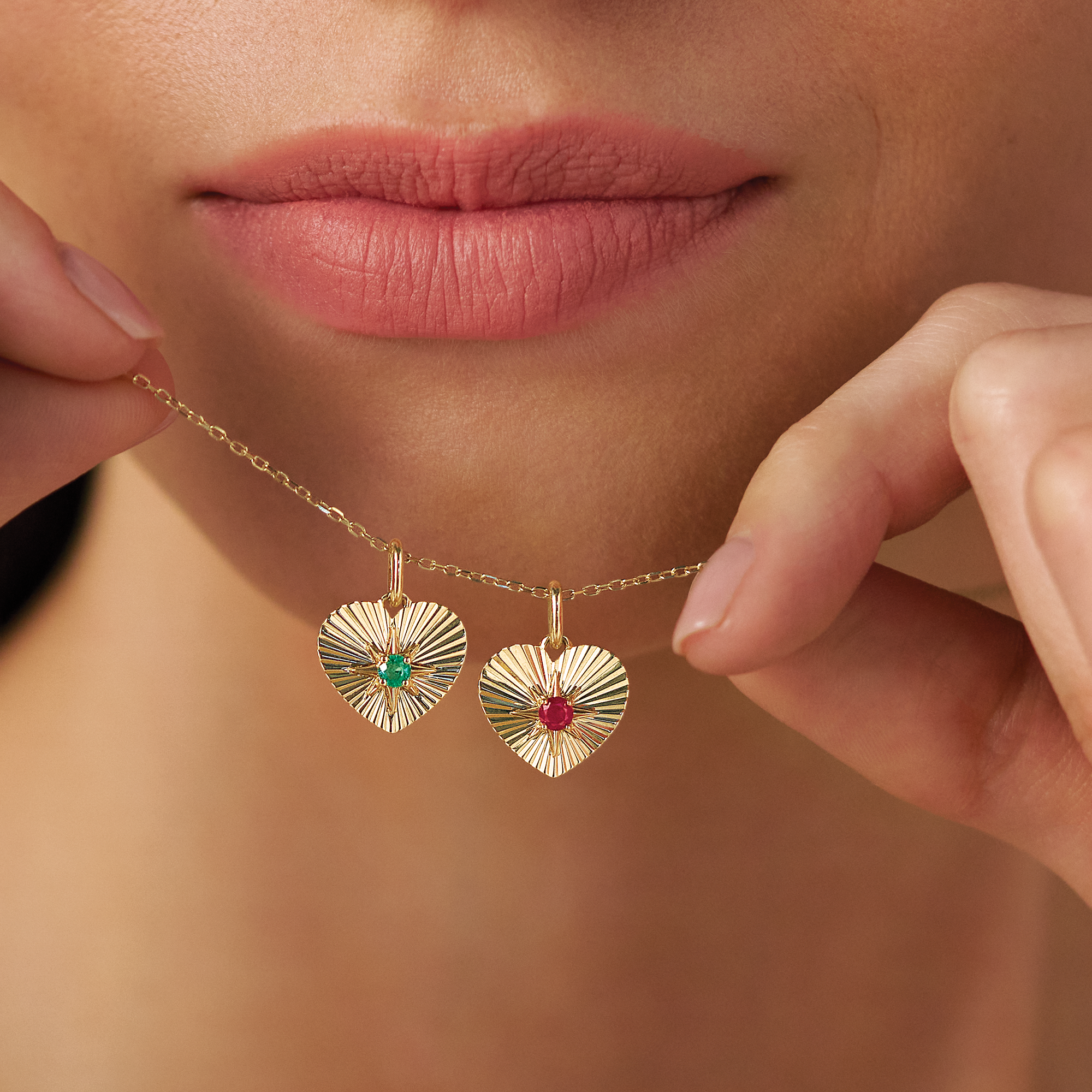 Created Emerald Heart Starburst Pendant in 9ct Yellow Gold