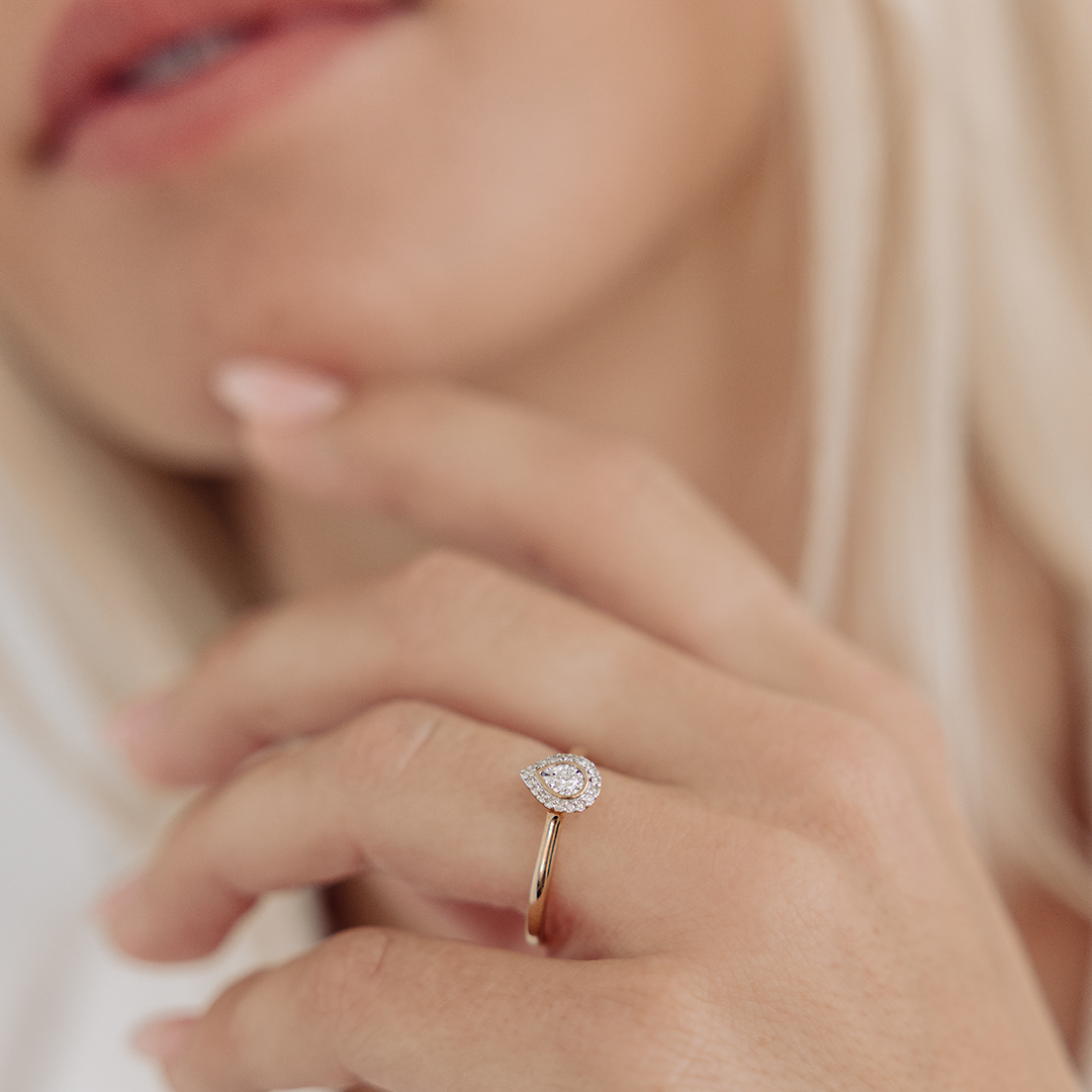 I Will® Round Brilliant Cut Diamond Pear Shape Halo Promise Ring in 9ct Yellow & White Gold