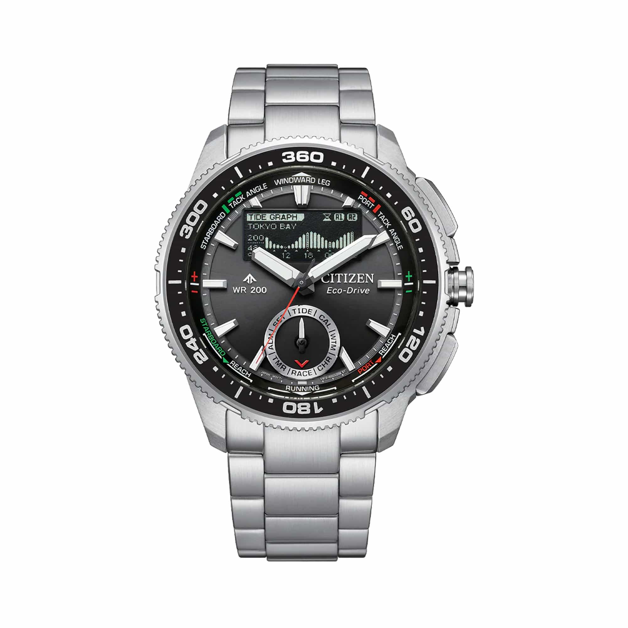 Citizen Promaster Analogue Digital 42mm Men's Watch JV3001-53E - The black dial pairs analog hands with a high-definition MIP digital display showing tide graph, moon phase, and race timer functions. A black unidirectional rotating bezel surrounds the dial.