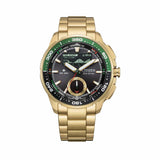 Citizen Promaster Analogue Digital 42mm Men's Watch JV3002-51E - The black sunray dial pairs analog hands with a high-definition MIP digital display showing tide graph, moon phase, and race timer functions. A black-and-green rotating bezel surrounds the dial.