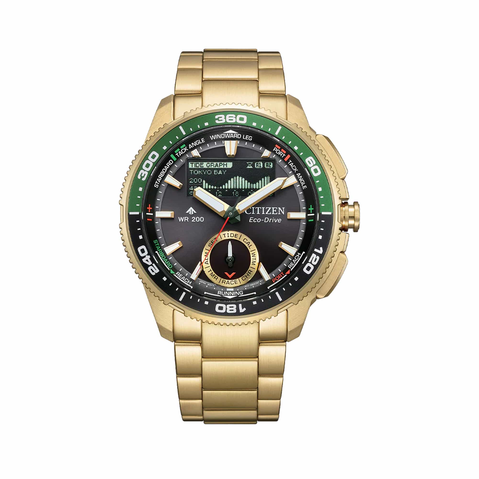 Citizen Promaster Analogue Digital 42mm Men's Watch JV3002-51E - The black sunray dial pairs analog hands with a high-definition MIP digital display showing tide graph, moon phase, and race timer functions. A black-and-green rotating bezel surrounds the dial.
