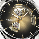 Hamilton watch with open-face design showing mechanical components 