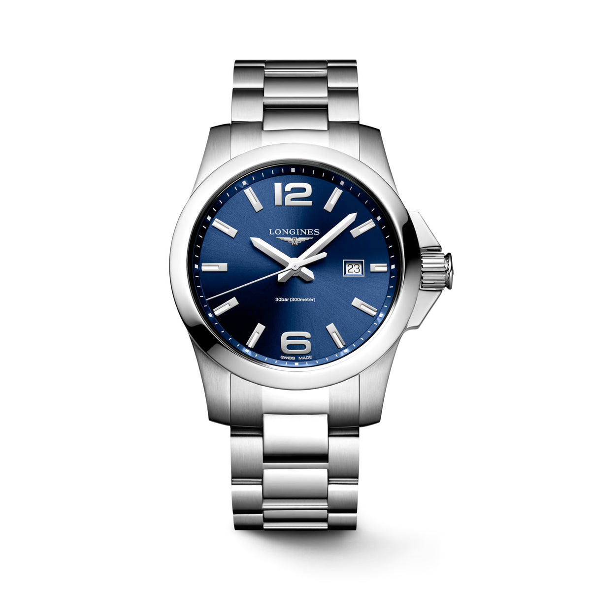 Front view of the Longines Conquest Men's 43mm Stainless Steel Quartz Watch L3.760.4.96.6, showing its sunray blue dial with applied Arabic numerals and indexes. The round stainless steel case is paired with a matching stainless steel bracelet and silvered polished hands.