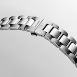 Rear view of the stainless steel bracelet on the Longines Conquest Men's 43mm Stainless Steel Quartz Watch L3.760.4.96.6. The image shows the inner side of the links and how the bracelet connects to the 43mm case.
