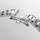 Open folding clasp on the stainless steel bracelet of the Longines Conquest Men's 43mm Stainless Steel Quartz Watch L3.760.4.96.6. The clasp is shown unfolded to display its construction and how it fastens securely on the wrist.