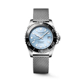 Longines HydroConquest Automatic 39mm men's watch L3.779.4.99.6, straight-on front view with frosted blue sunray dial and black ceramic bezel. The clean applied indexes and sporty proportions make this a versatile Swiss dive watch for everyday wear.