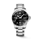 Front view of the Longines HydroConquest Automatic Men's 43mm Watch L3.782.4.56.6, showing its black dial framed by a black ceramic unidirectional diving bezel. The stainless steel case is paired with a matching stainless steel bracelet for a classic Swiss dive watch look.