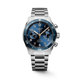 Front view of the Longines Spirit Flyback Automatic Chronograph Men's 42mm Watch L3.821.4.93.6, showing its blue sunray dial with Arabic numerals and two chronograph sub-dials. The stainless steel case has a ceramic bezel insert and is paired with a matching stainless steel bracelet.