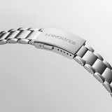 Rear view of the stainless steel bracelet on the Longines Spirit Flyback Automatic Chronograph Men's 42mm Watch L3.821.4.93.6. The image shows the inner side of the links and how the bracelet connects to the 42mm case.