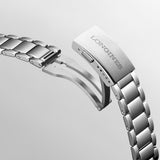 Open folding clasp on the stainless steel bracelet of the Longines Spirit Flyback Automatic Chronograph Men's 42mm Watch L3.821.4.93.6. The clasp is shown unfolded to display its construction and how it fastens securely on the wrist.