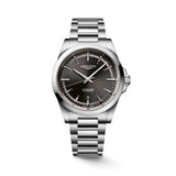 Front view of the Longines Conquest Men’s 41mm Automatic Watch L3.830.4.52.6, showing its sunray black dial with luminous hour markers and date window. The round stainless steel case is paired with a matching stainless steel bracelet for a sporty, everyday look.
