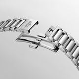 Open folding clasp on the stainless steel bracelet of the Longines Conquest Men’s 41mm Automatic Watch L3.830.4.52.6. The clasp is shown unfolded to display its construction and how it fastens securely on the wrist.