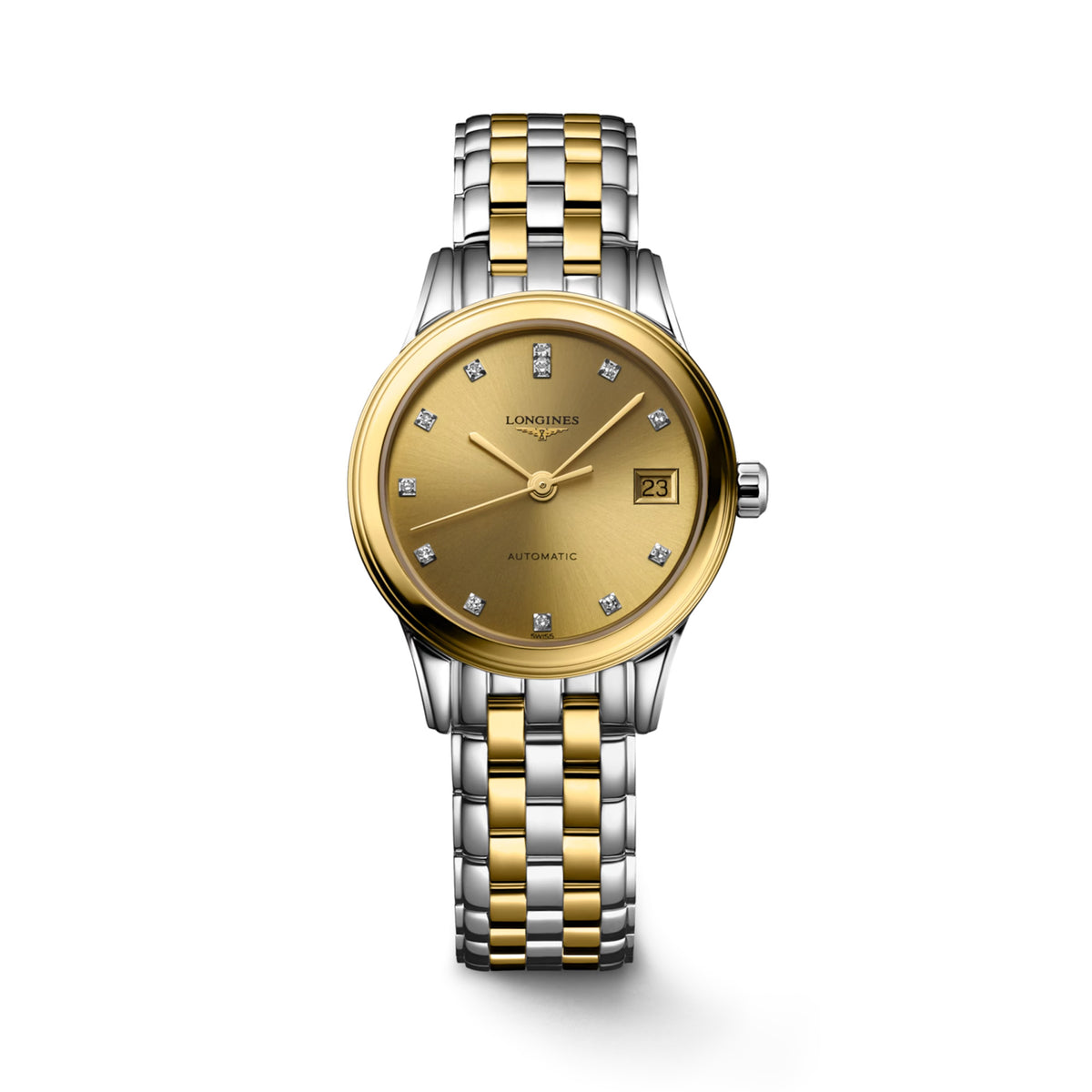 Front view of the Longines Flagship Classic Automatic Women’s 26mm Watch L4.274.3.37.7, showing its gold-tone dial with slim hands and date window. The round stainless steel case with yellow PVD coating is paired with a matching two-tone bracelet.