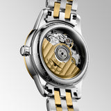 Back view of the Longines Flagship Classic Automatic Women’s 26mm Watch L4.274.3.37.7, showing its stainless steel case back. The case houses a Swiss automatic movement with a silicon balance spring and around 45 hours of power reserve.