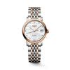 Longines Elegant Automatic women's watch L4.309.5.80.7, front view, white mother-of-pearl dial with rose gold and stainless steel bracelet. The 25.5mm case offers a delicate, feminine profile perfect for everyday elegance.