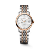 Longines Elegant Automatic women's watch L4.309.5.80.7, front view, white mother-of-pearl dial with rose gold and stainless steel bracelet. The 25.5mm case offers a delicate, feminine profile perfect for everyday elegance.