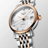Longines Elegant Automatic L4.309.5.80.7 angled front view, highlighting the two-tone rose gold and stainless steel case and bracelet. The scratch-resistant sapphire crystal keeps the dial pristine and clearly legible.