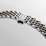 Longines Elegant Automatic two-tone bracelet detail, crafted in stainless steel with 18-carat rose gold cap 200 links. The warm rose gold tone contrasts beautifully against the polished steel, adding a luxurious yet wearable finish to the wrist.