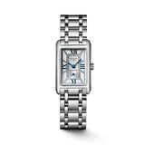 Front view of the Longines DolceVita Quartz Women’s 20.8 x 32mm Watch L5.255.4.75.6, showing its two-tone white and silver dial with Roman numerals and small seconds at 6 o’clock. The rectangular stainless steel case is paired with a matching stainless steel bracelet.