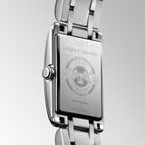 Back view of the Longines DolceVita Quartz Women’s 20.8 x 32mm Watch L5.255.4.75.6, showing its solid stainless steel case back. The case houses a Swiss quartz movement and is water resistant to 30m.