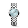 Longines PrimaLuna women’s watch featuring a polished stainless steel bracelet and 30mm round case, with a mint blue sunray dial accented by diamond hour markers, silver-tone hands, date display, and scratch-resistant sapphire crystal. Elegant Swiss luxury timepiece with refined feminine styling.