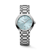 Longines PrimaLuna women’s watch featuring a polished stainless steel bracelet and 30mm round case, with a mint blue sunray dial accented by diamond hour markers, silver-tone hands, date display, and scratch-resistant sapphire crystal. Elegant Swiss luxury timepiece with refined feminine styling.