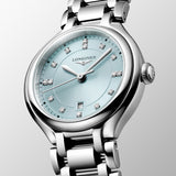 Longines PrimaLuna women’s watch featuring a polished stainless steel bracelet and 30mm round case, with a mint blue sunray dial accented by diamond hour markers, silver-tone hands, date display, and scratch-resistant sapphire crystal. Elegant Swiss luxury timepiece with refined feminine styling.