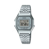 Front-on view of the Casio Vintage Silver Plated Quartz Watch LA680WA-7D, in a silver stainless steel-plated case with a white digital dial. The round case shape and classic digital display are clearly visible from this straight-on angle.