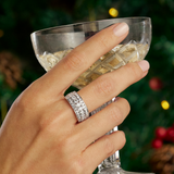On-hand view of a hand wearing the Wallace Bishop 2.00 TDW Round Lab-Grown Diamond Ring in Sterling Silver, reference LG200RGSSO, with three rows of channel-set round lab-grown diamonds across the front of the finger.