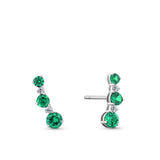 Front-on view of the Wallace Bishop 0.04 TDW Created Emerald & Lab-Grown Diamond Chevron Climber Earrings in Sterling Silver, reference LG33EME04, secured with butterfly backs. Each climber-style earring features three round created emeralds with a small round lab-grown diamond set between each pair.