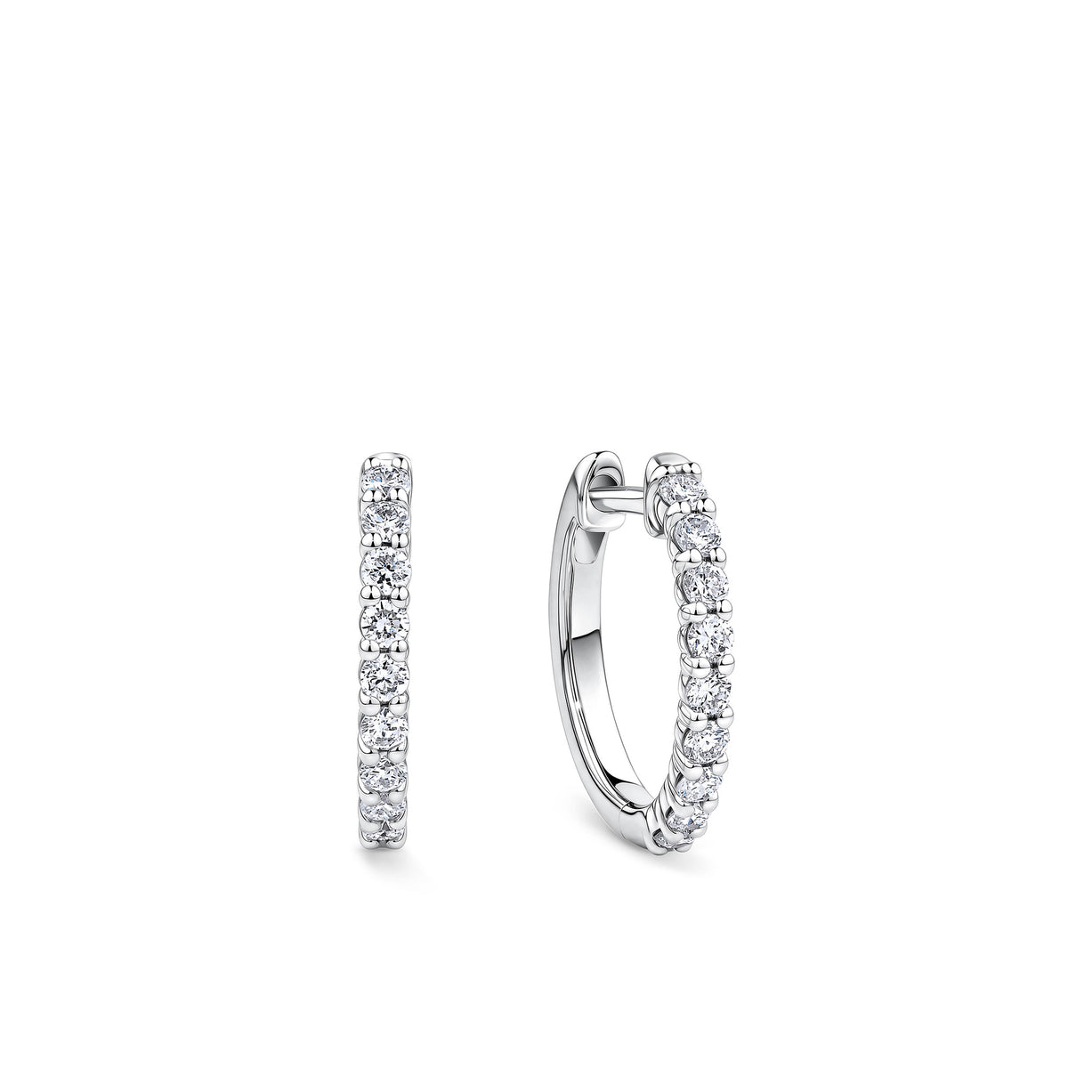Front-on view of the Wallace Bishop 0.25 TDW Round Lab-Grown Diamond Huggies in Sterling Silver, reference LGHUG03SS, with a hinged clasp. Each huggie features a single row of nine claw-set round brilliant cut lab-grown diamonds in polished sterling silver.