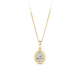 Front-on view of the Wallace Bishop 0.30 TDW Pear-Cut Lab-Grown Diamond Double Bezel Pendant in 9ct Yellow Gold, reference LGNDBP30. The polished gold pendant features a single pear-cut lab-grown diamond in a double bezel setting, with a small bale at the top.