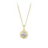 Front-on view of the Wallace Bishop 0.30 TDW Round Lab-Grown Diamond Double Bezel Pendant in 9ct Yellow Gold, reference LGNDBR30, pendant only. The polished gold pendant features a single round brilliant cut lab-grown diamond in a double bezel setting, with a small bale at the top.