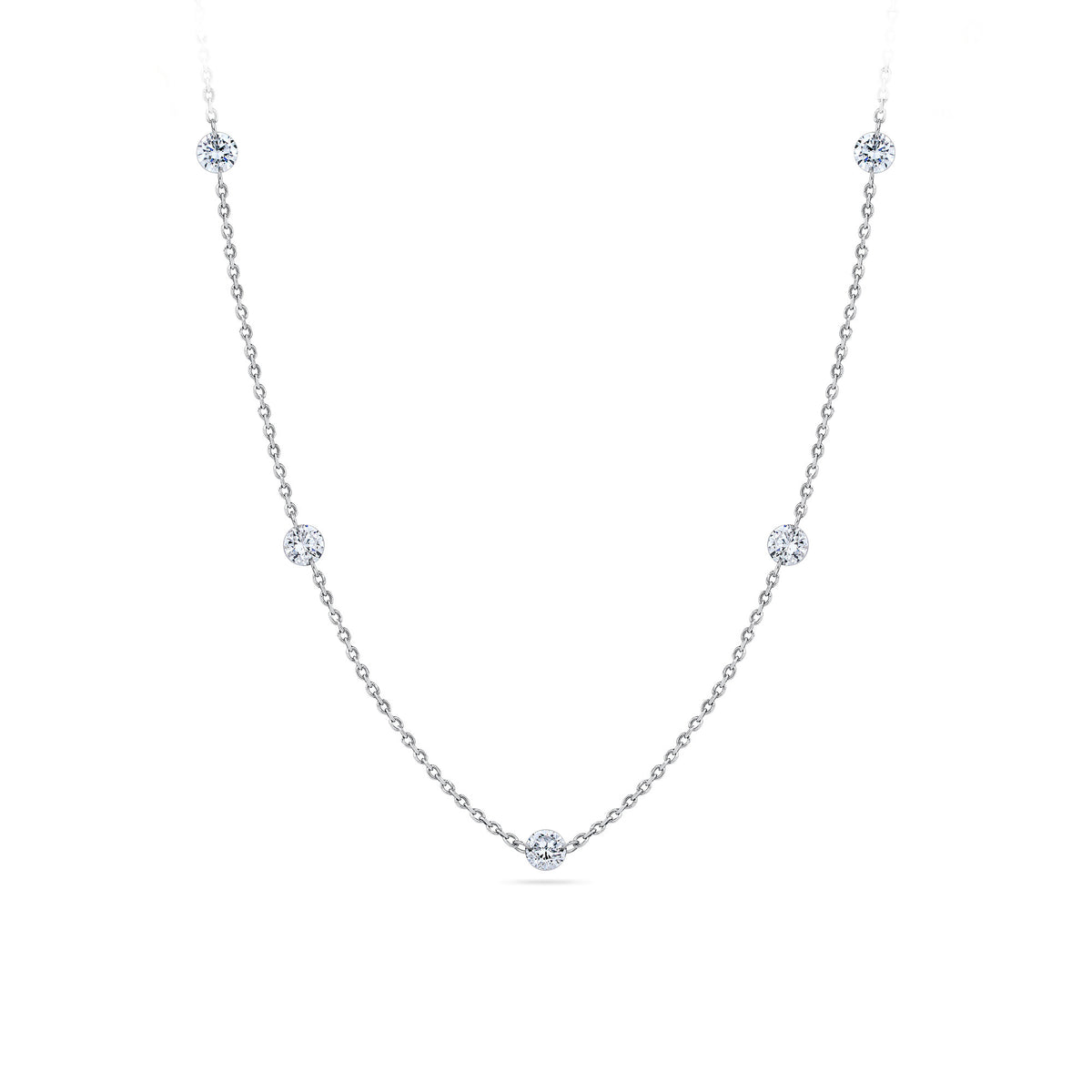 0.70ct TW Lab-Grown Diamond Station Necklace in Sterling Silver, photographed front on against a plain background. The 50cm chain features 7 individually spaced round brilliant cut lab-grown diamonds, each 2.9mm in size.