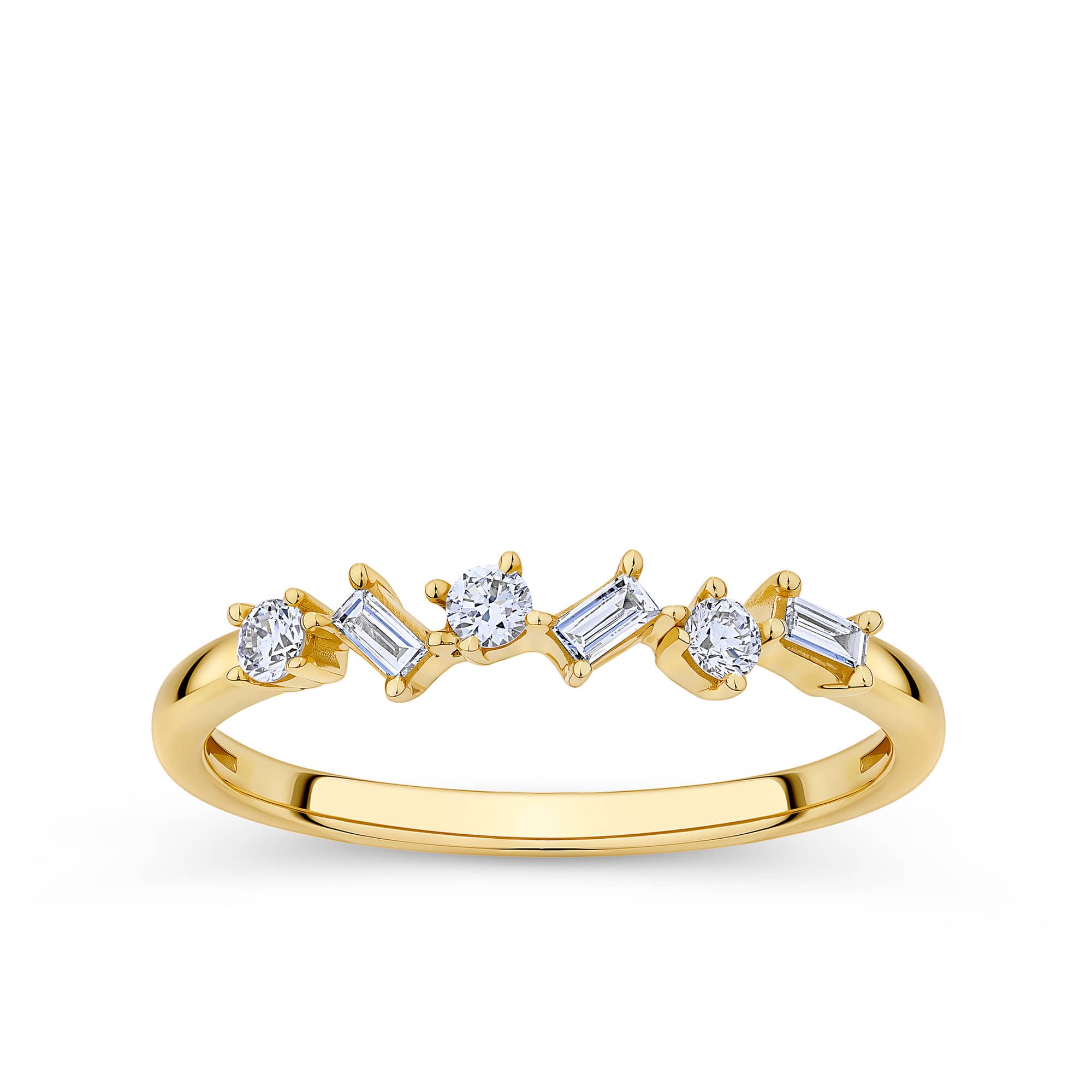 0.18ct TW Lab-Grown Diamond Scatter Ring in 9ct Yellow Gold, photographed front on against a plain background. The band features a scattered mix of round brilliant and baguette cut lab-grown diamonds.