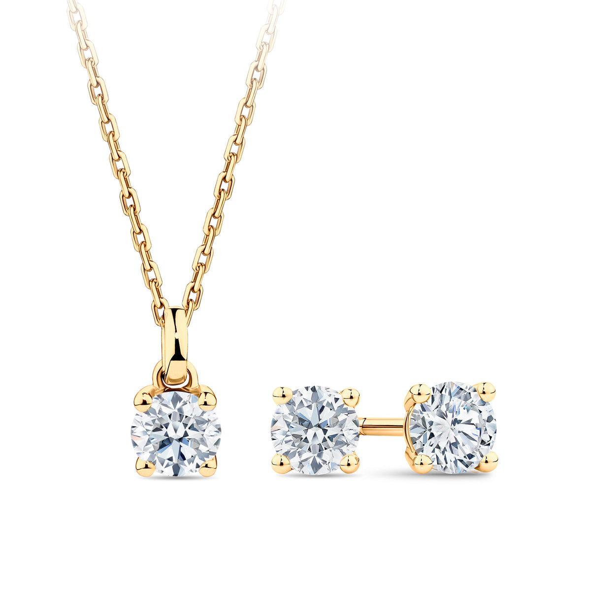 0.75ct TW Round Brilliant Cut Lab Grown Diamond Pendant and Earrings Set in 9ct Yellow Gold