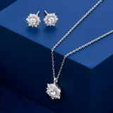 Flat lay view of the Wallace Bishop 1.00 TDW Round Lab-Grown Diamond Pendant & Earring Set in Sterling Silver, reference LGSET005SS, with the pendant and the earrings laid flat together. Both pieces feature round brilliant cut lab-grown diamonds set in sterling silver.