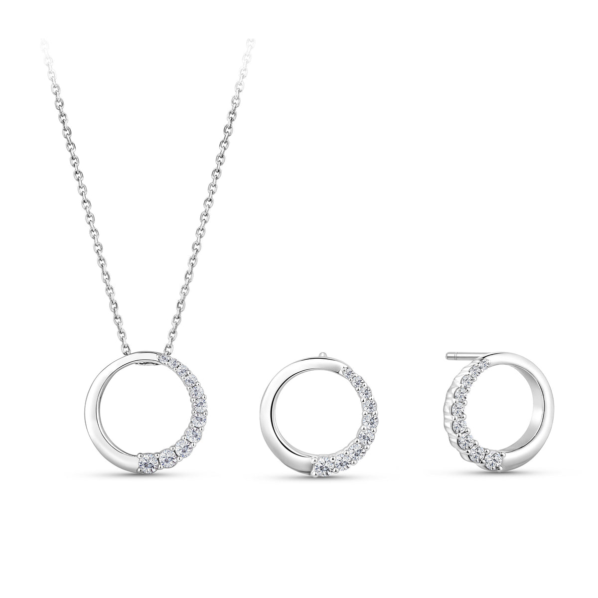 Front-on view of the Wallace Bishop 0.40 TDW Round Lab-Grown Diamond Circle Pendant & Earrings Set in Sterling Silver, reference LGSETRNDSS, showing the matching pendant on a chain and a pair of stud earrings. Each open circle is half set with round lab-grown diamonds that graduate in size, with the other half in polished sterling silver.