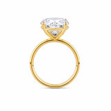 6.00ct Round Brilliant Lab-Grown Diamond Solitaire Ring in 18ct Yellow Gold- pictured from the side showing a four claw secure basket and under bezel