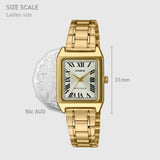 Casio Vintage LTPV007G-9B size reference view, showing the slim 31mm x 22mm x 7.5mm gold ion plated rectangular stainless steel case and integrated bracelet — illustrating the compact, delicate proportions and 51 gram total weight of this classic women's dress watch.