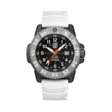 Front view of the Luminox MIL-SPEC Men's 46mm Quartz Watch XL.3359.SET with a black dial and large orange seconds hand. This MIL-SPEC 3350 Series military watch features a black CARBONOX™+ case, a titanium rotating bezel with white markings and a white strap.