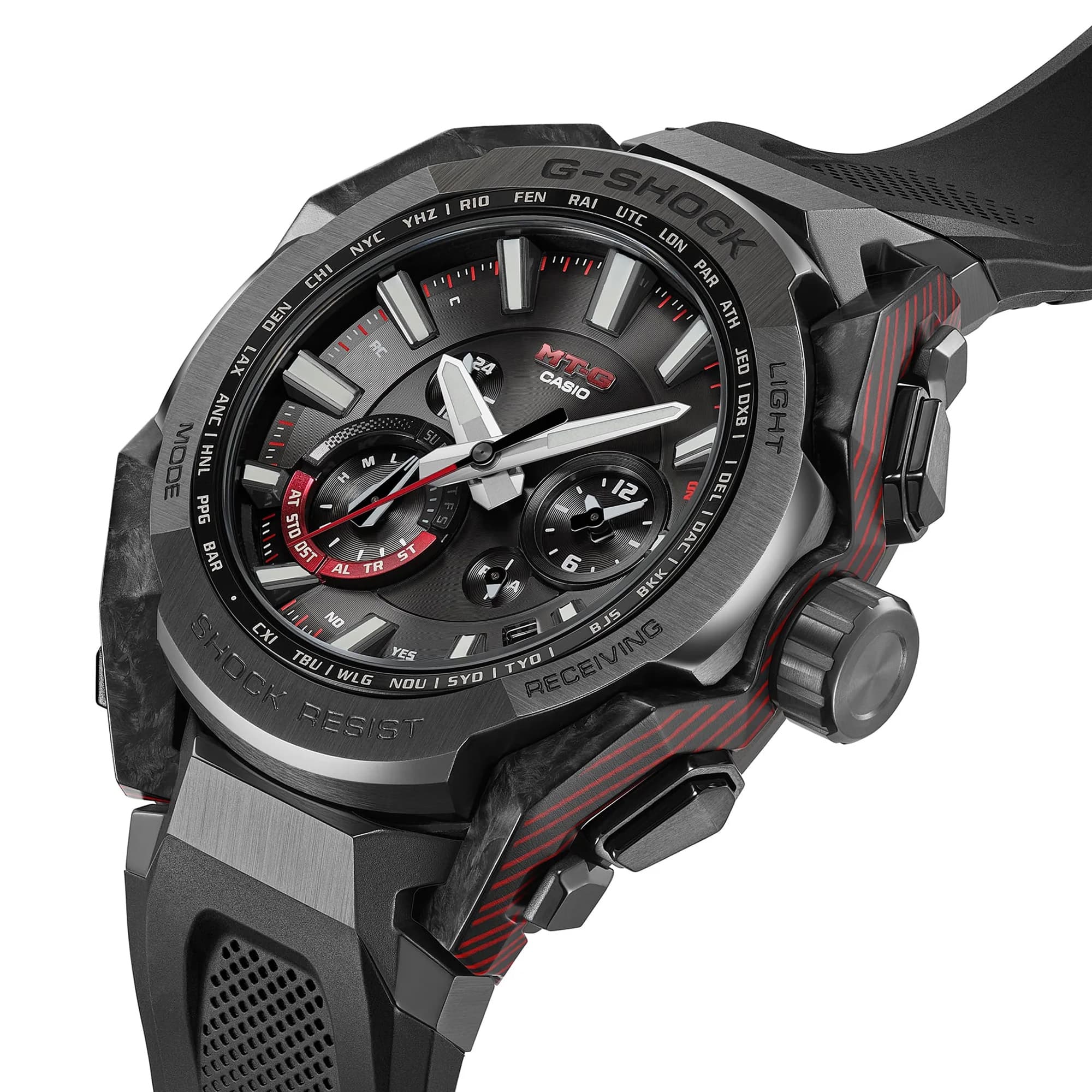 Casio G-Shock MT-G MTGB4000B-1A analogue watch, three-quarter side view showing dimensional carbon fibre frame, ion-plated black stainless steel bezel with red dial accents and urethane band.